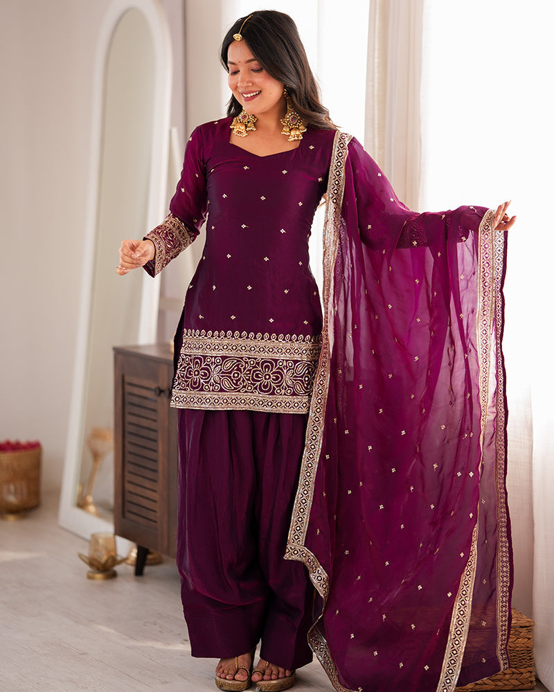 WINE COLOR FENDI SILK EMBROIDERED FARSHI SALWAR SUIT