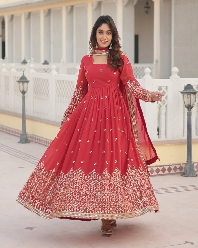 Faux Georgette Red Color Anarkali Gown With Sequence Embroidery Dupatta