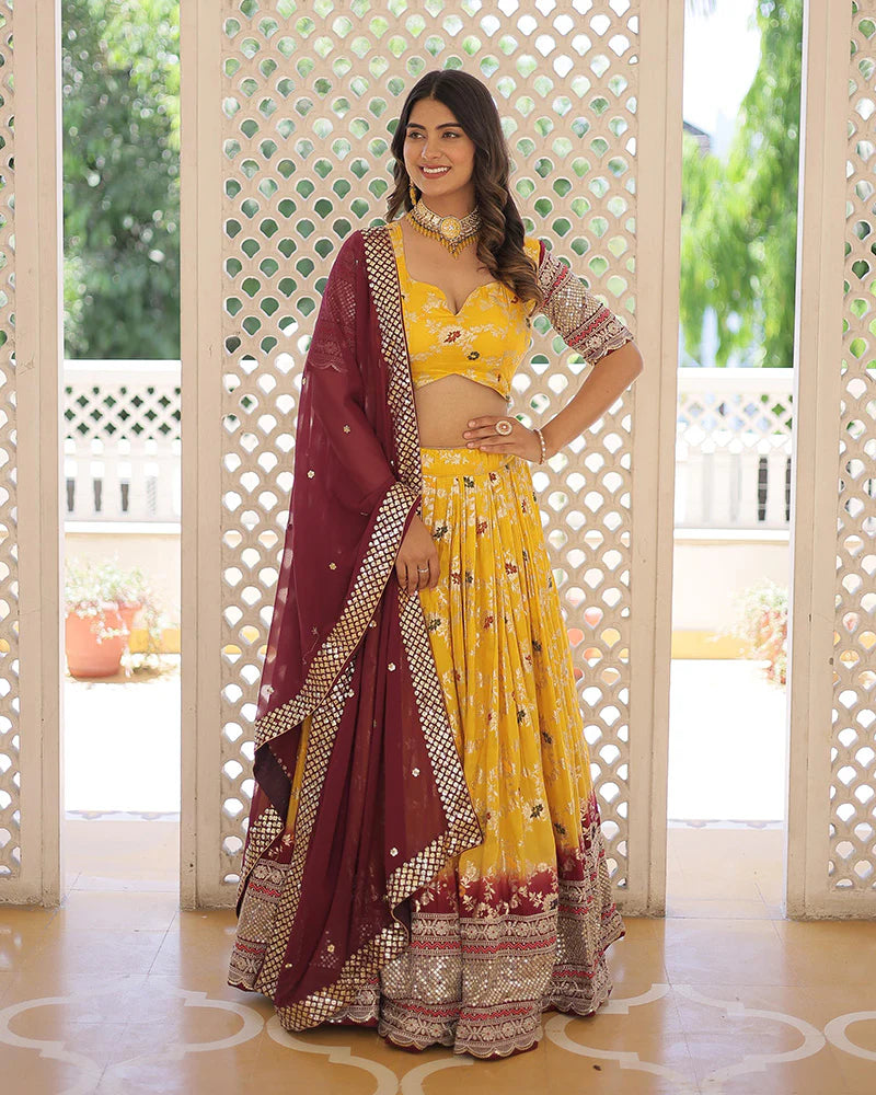 YELLOW COLOR PURE VISCOSE JACQUARD LEHENGA CHOLI