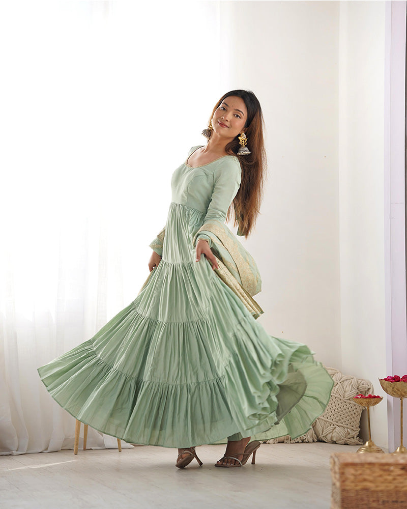 PISTA COLOR PURE ROMAN SILK RUFFLE STYLE ANARKALI SUIT