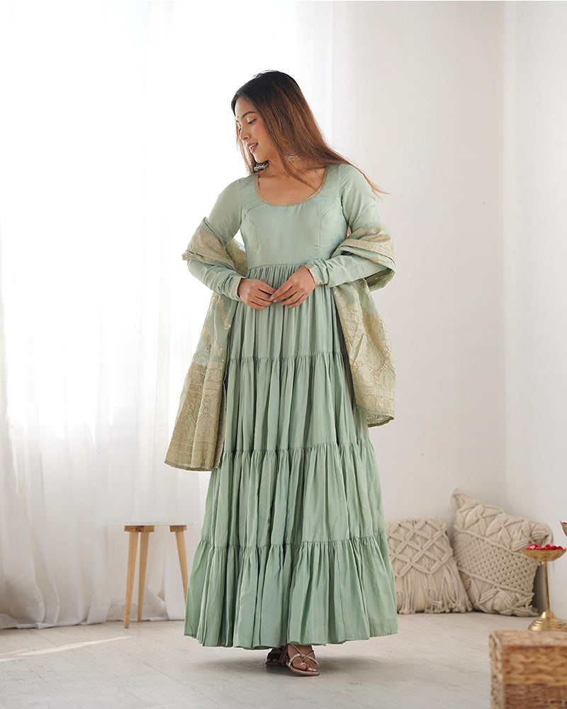 PISTA COLOR PURE ROMAN SILK RUFFLE STYLE ANARKALI SUIT
