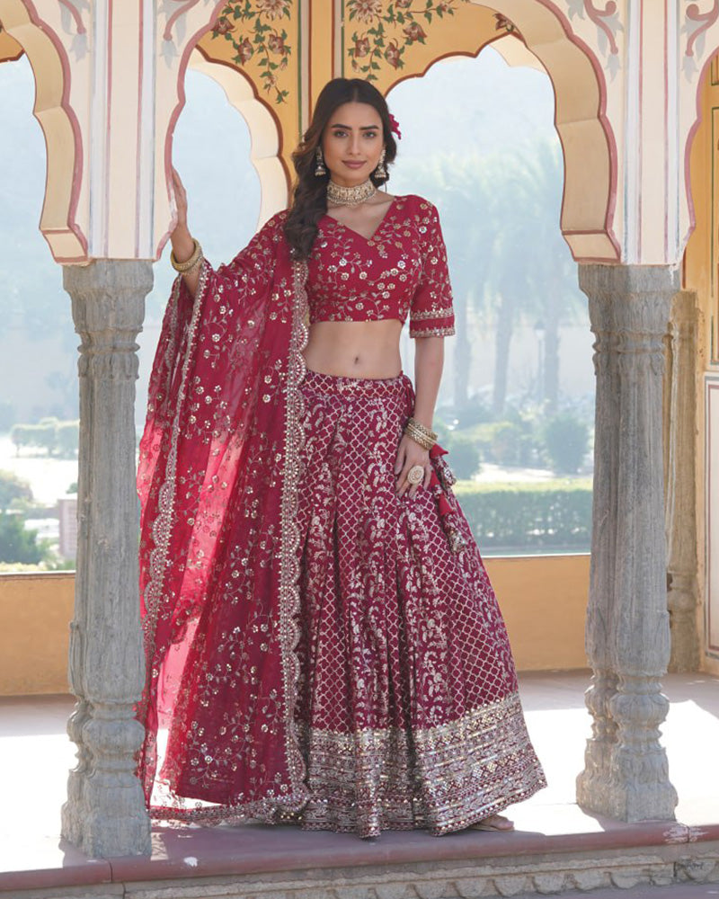 Design Rani Pink Color Sequence Embroidered Jacquard Lehenga Choli