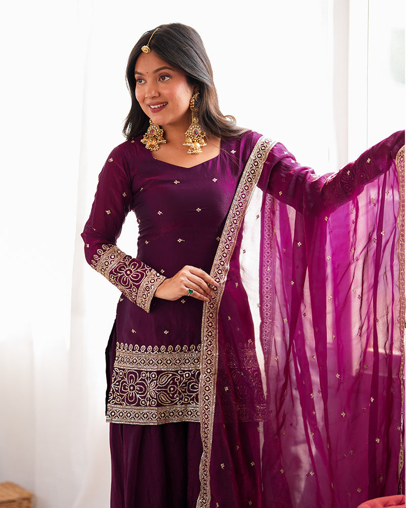 WINE COLOR FENDI SILK EMBROIDERED FARSHI SALWAR SUIT