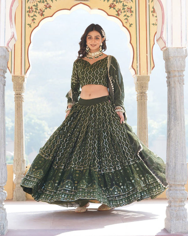 Dark Green Color Georgette Heavy Embroidery Threaded Semi Stitched Lehenga Choli