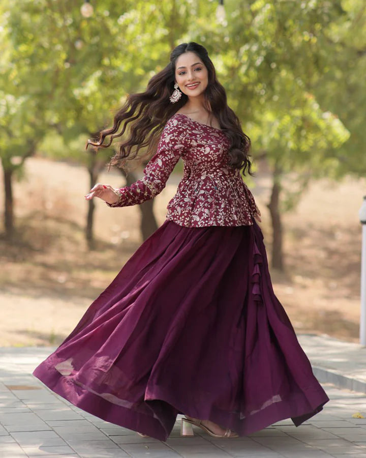 Wine Color Vichitra Shimmer Crop Top Lehenga Choli