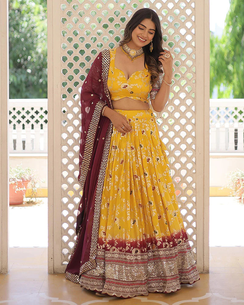 YELLOW COLOR PURE VISCOSE JACQUARD LEHENGA CHOLI