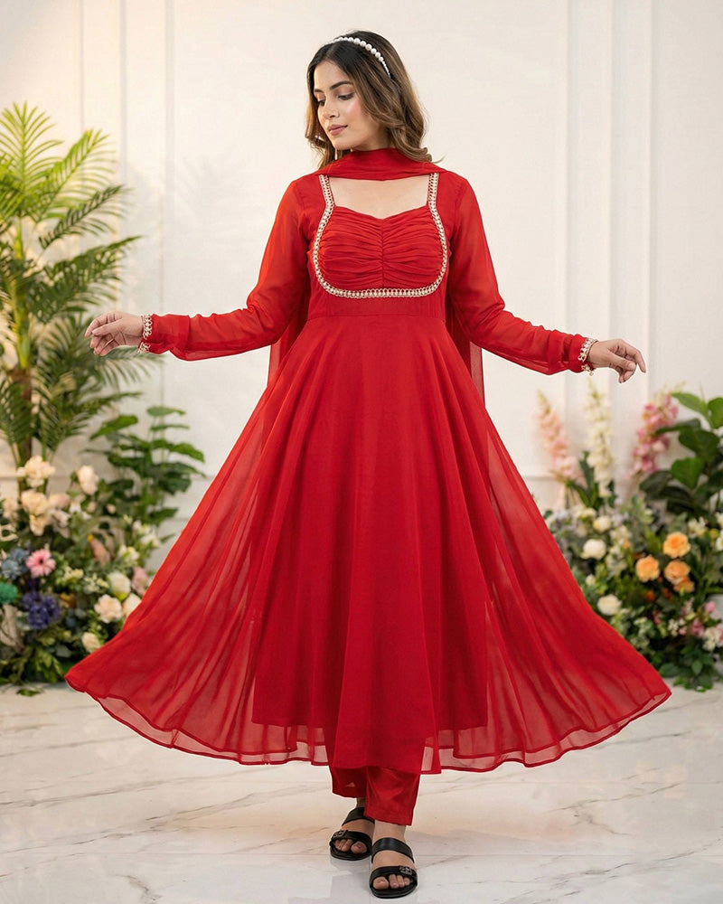 Rusty Red Color Pure Blooming Georgette Anarkali Suit