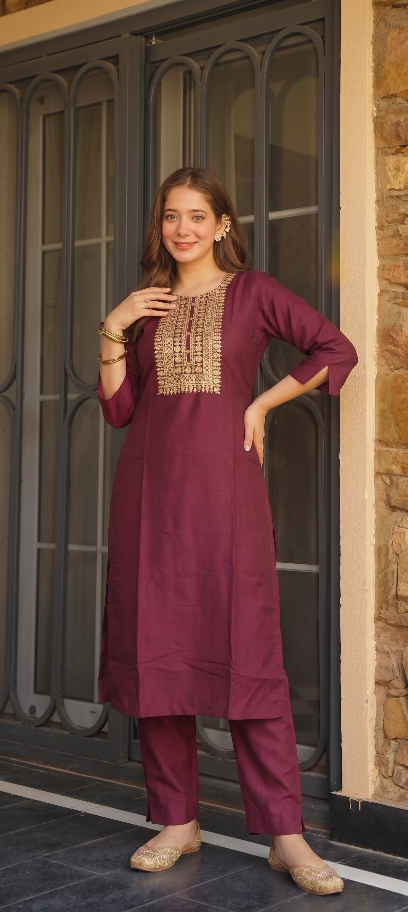 Wine Straight Kurta Set with Gold Embroidered Yoke