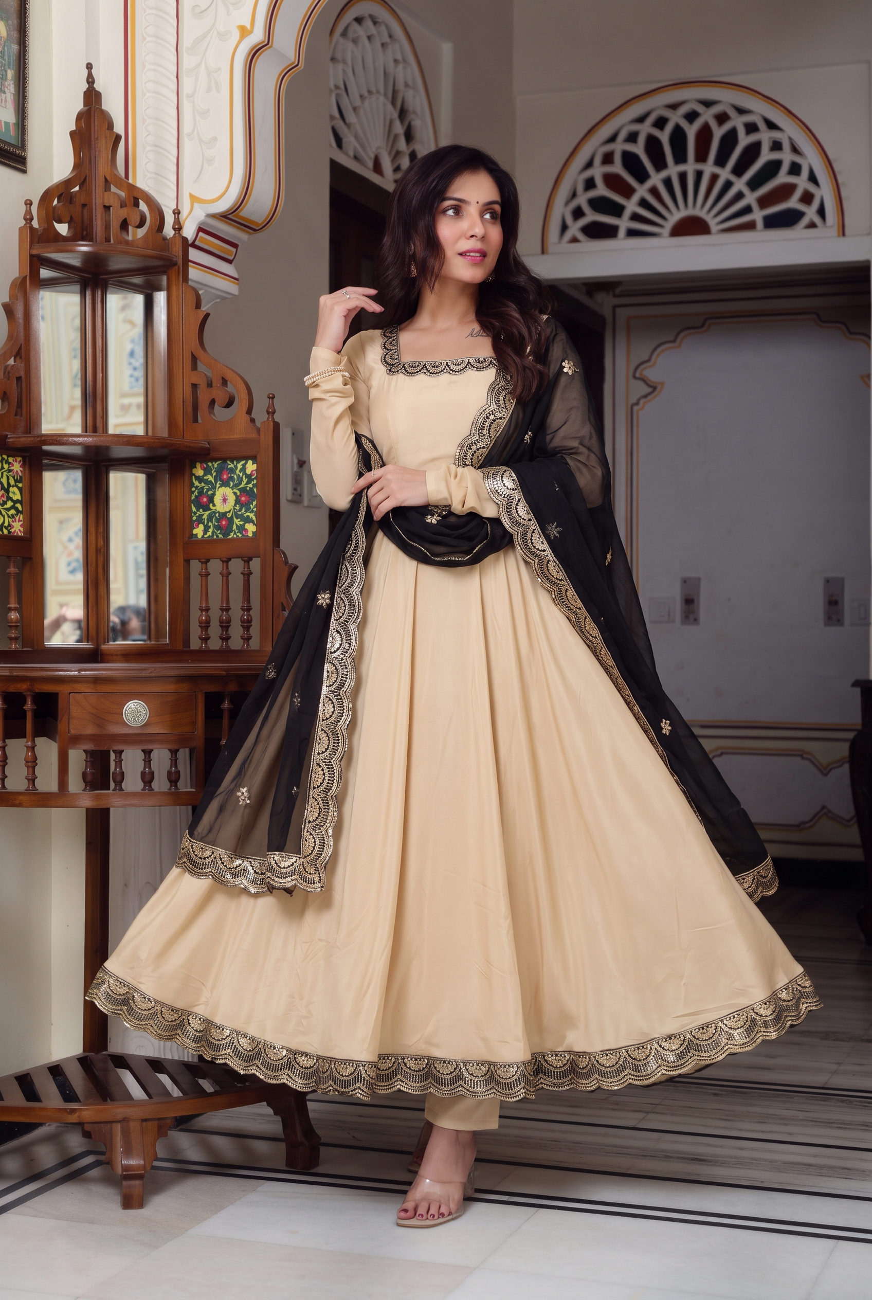 Elegant Cream Embroidered Anarkali Suit Set with Dupatta