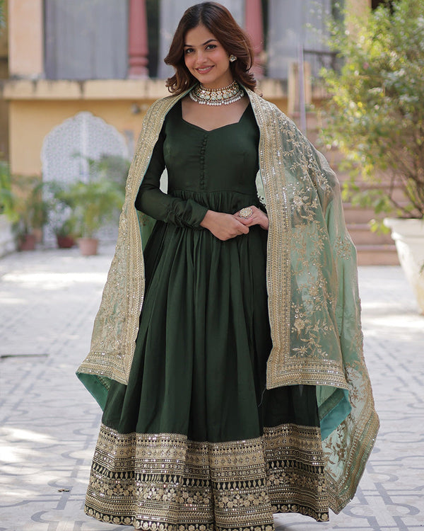 Beautiful mehndi color shimmer gown with embroidered dupatta