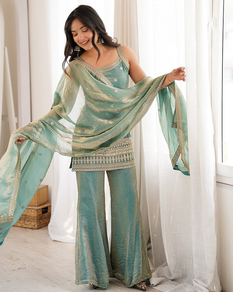 SEA GREEN COLOR FENDI SILK EMBROIDERED PLAZZO SUIT