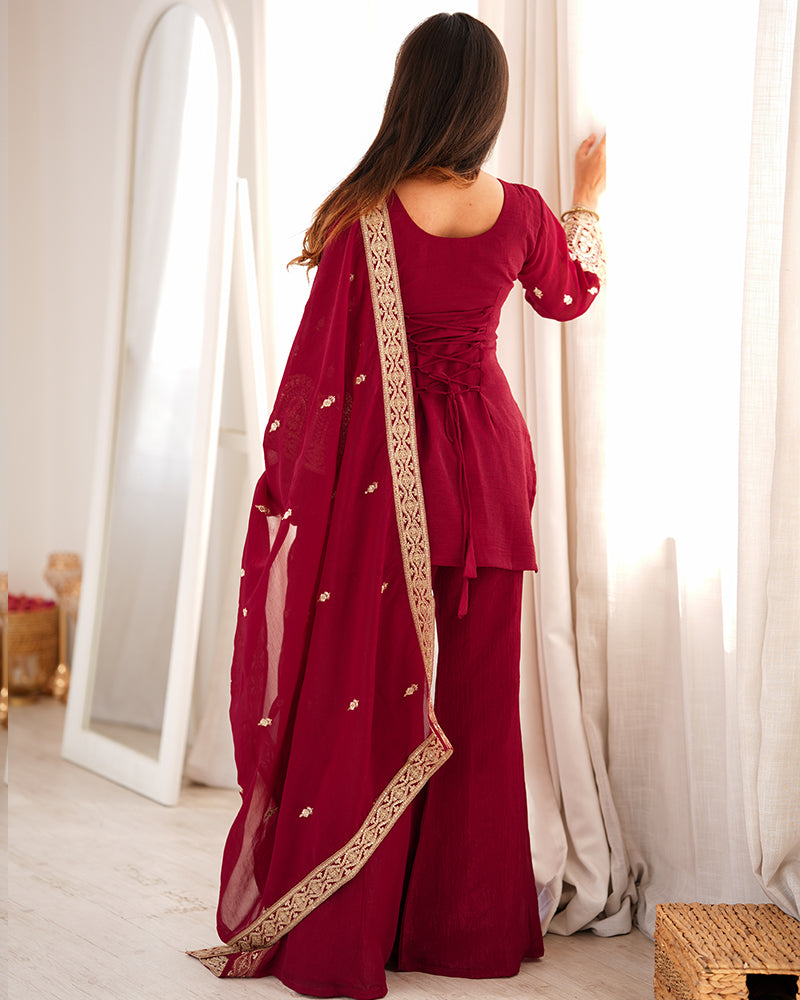 MAROON COLOR CRUNCHY SILK EMBROIDERED PLAZZO SUIT
