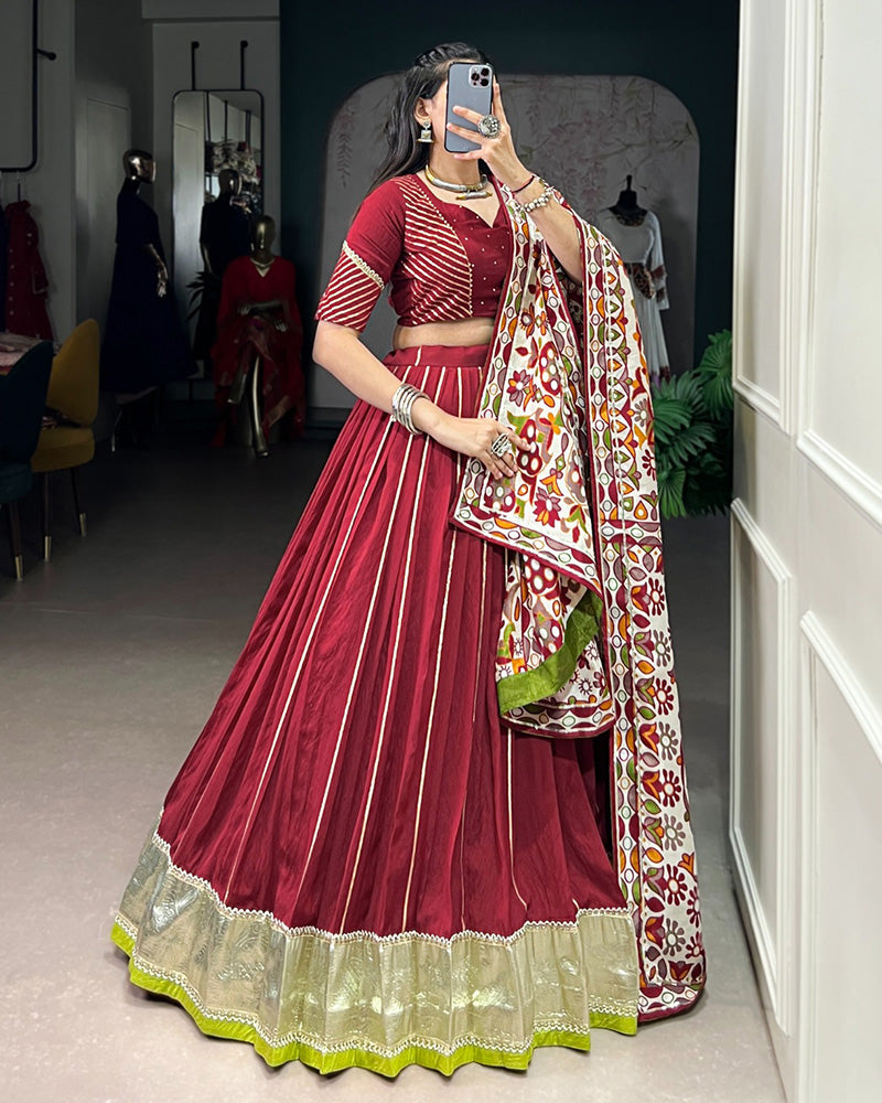 TRADITIONAL MAROON COLOR CHANDERI NAVRATRI LEHENGA CHOLI