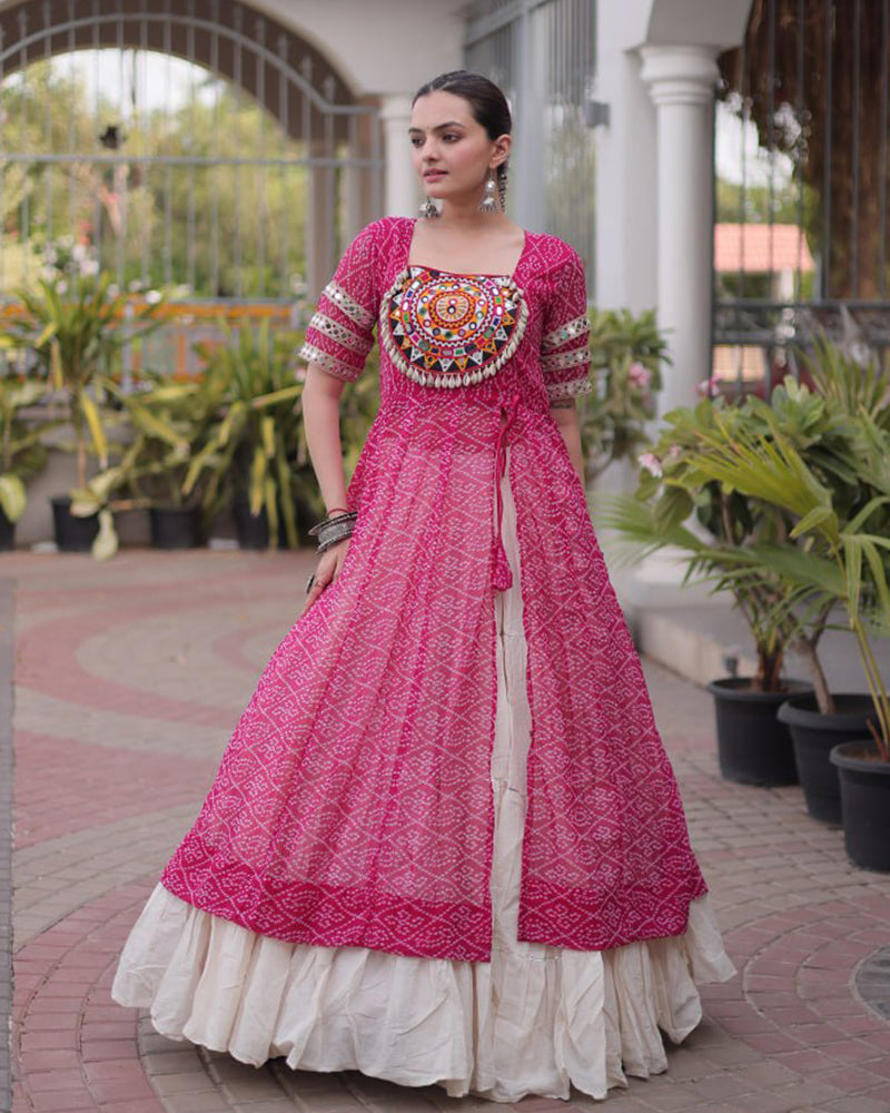 Pink Color Bandhani Printed Kurti With Kora Cotton Lehenga