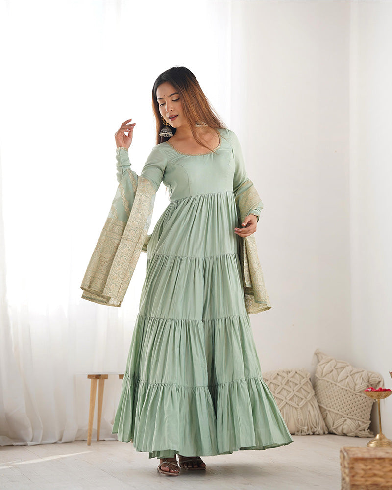 PISTA COLOR PURE ROMAN SILK RUFFLE STYLE ANARKALI SUIT