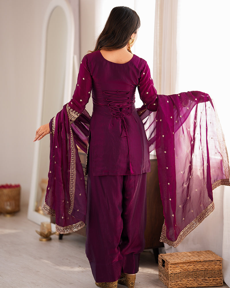 WINE COLOR FENDI SILK EMBROIDERED FARSHI SALWAR SUIT