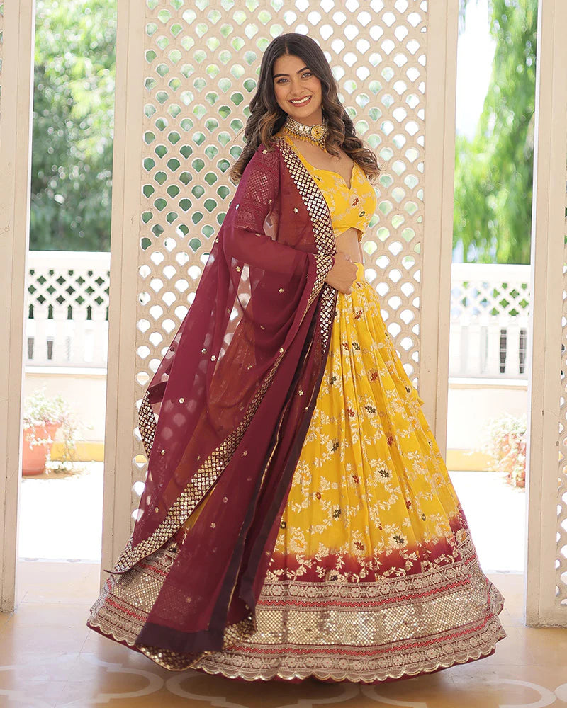 YELLOW COLOR PURE VISCOSE JACQUARD LEHENGA CHOLI