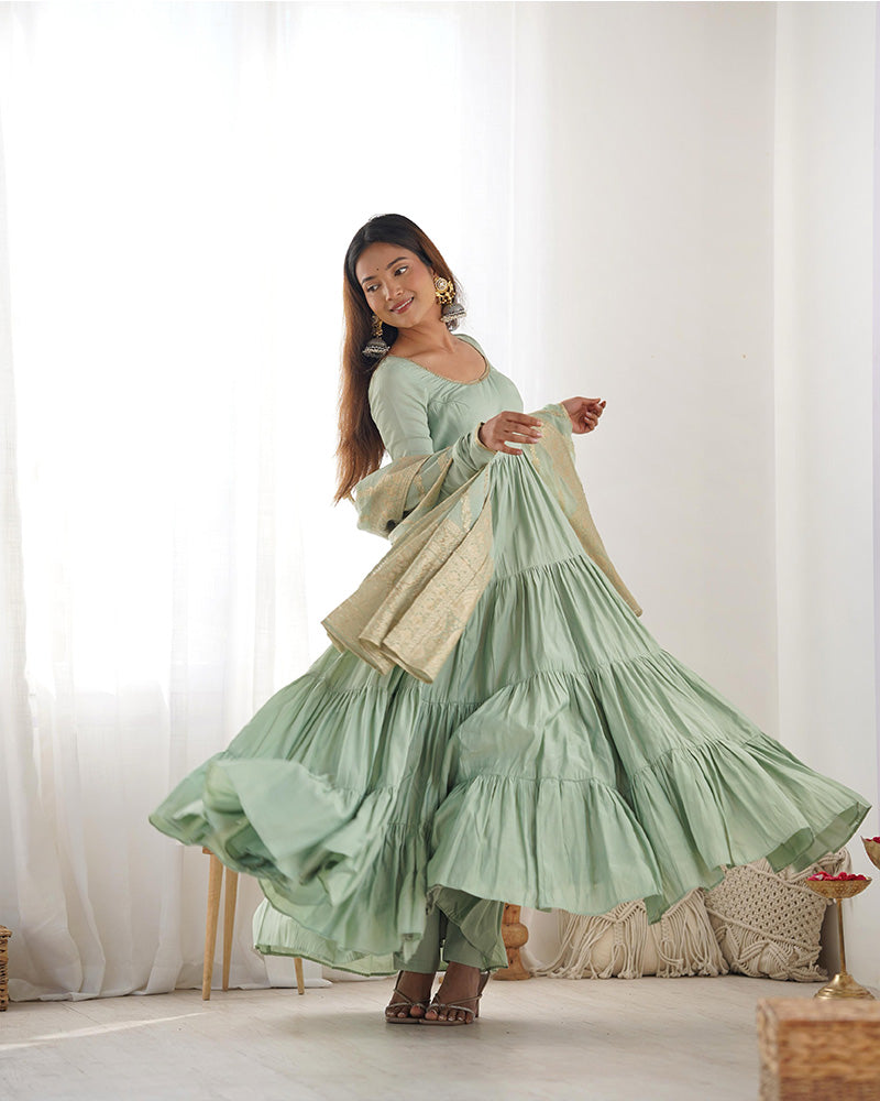 PISTA COLOR PURE ROMAN SILK RUFFLE STYLE ANARKALI SUIT