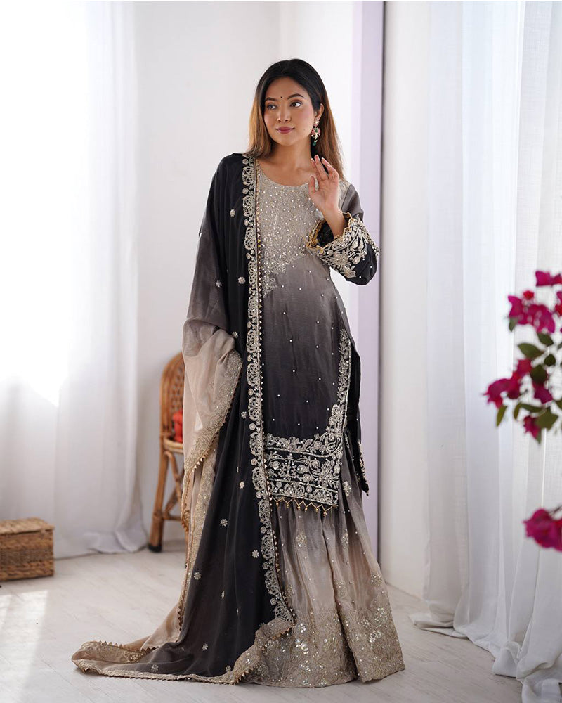 Mehndi color chinnon sequence work plazzo suit (Copy)