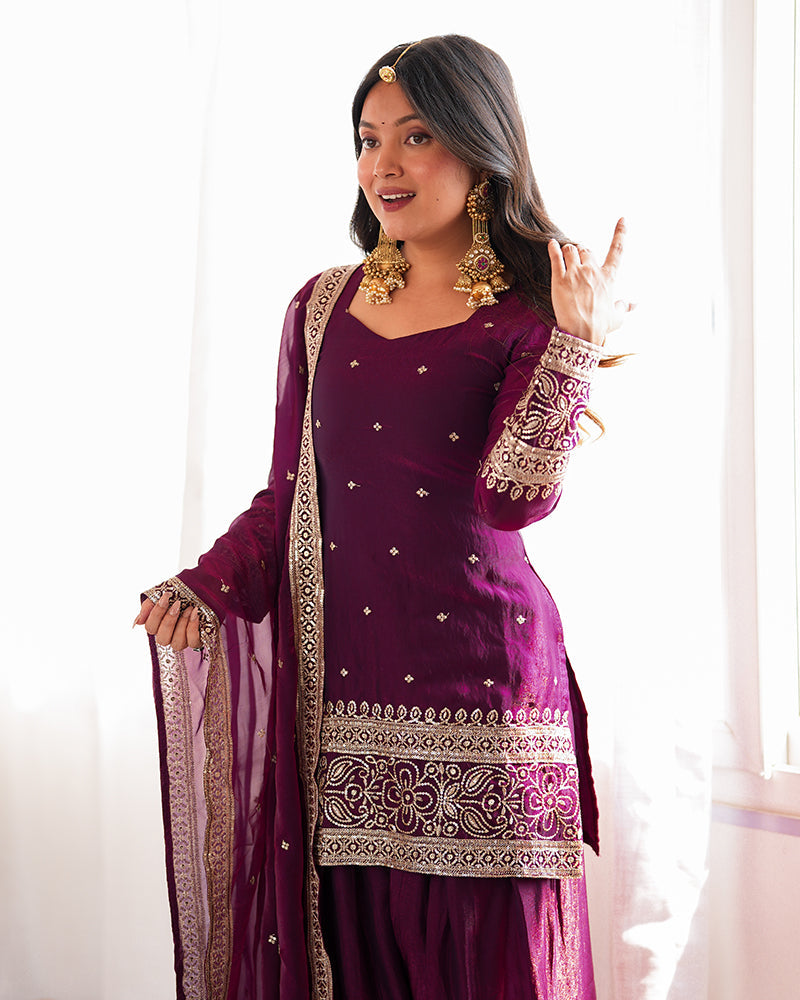 WINE COLOR FENDI SILK EMBROIDERED FARSHI SALWAR SUIT