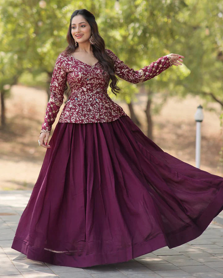 Wine Color Vichitra Shimmer Crop Top Lehenga Choli