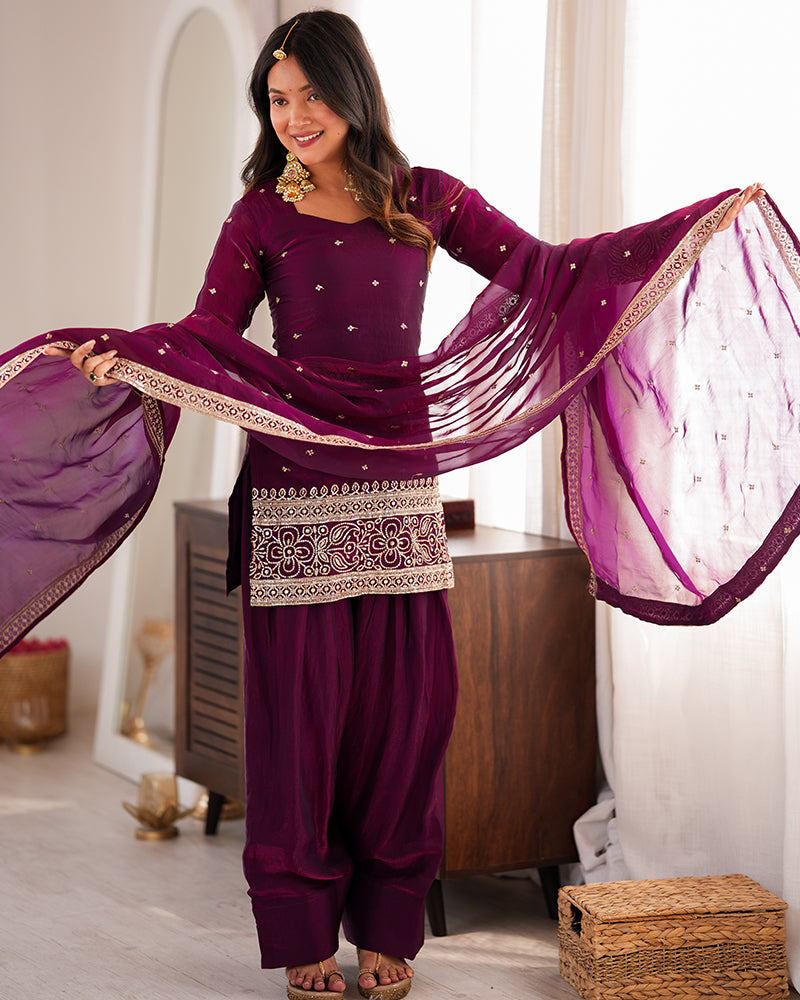 WINE COLOR FENDI SILK EMBROIDERED FARSHI SALWAR SUIT