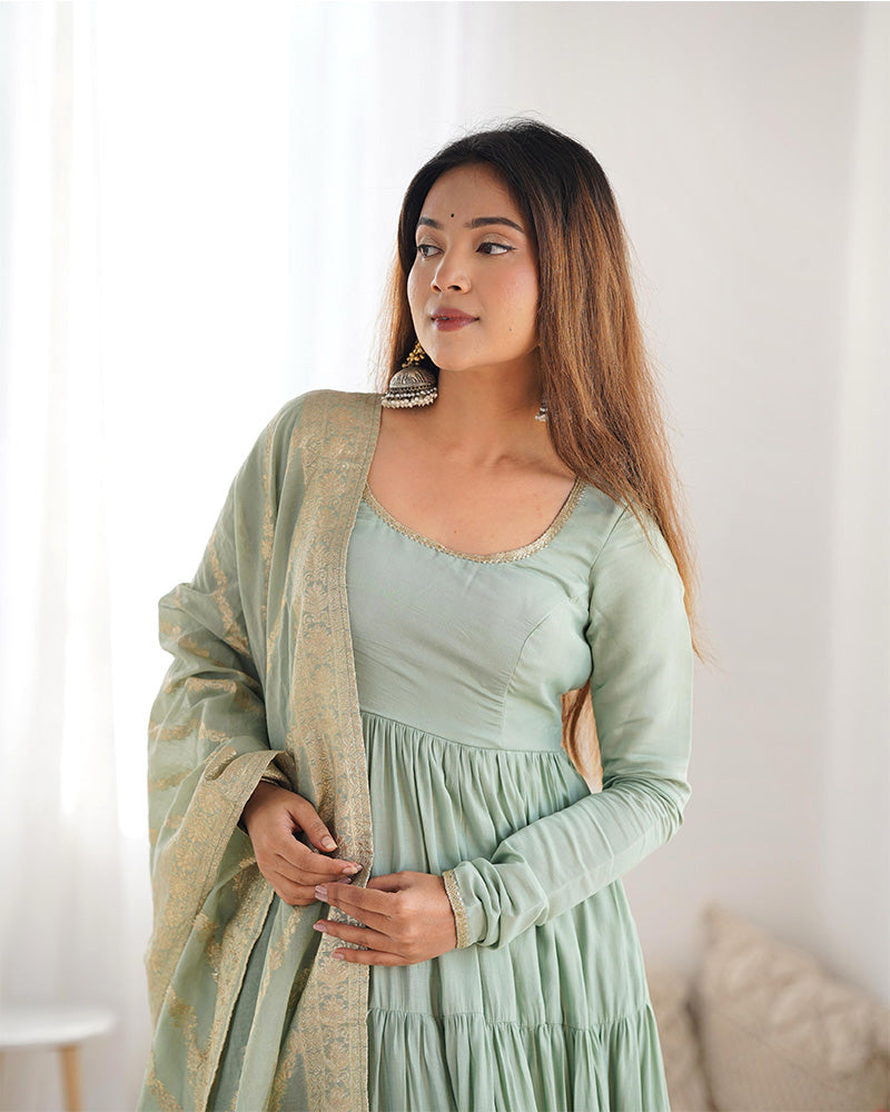 PISTA COLOR PURE ROMAN SILK RUFFLE STYLE ANARKALI SUIT