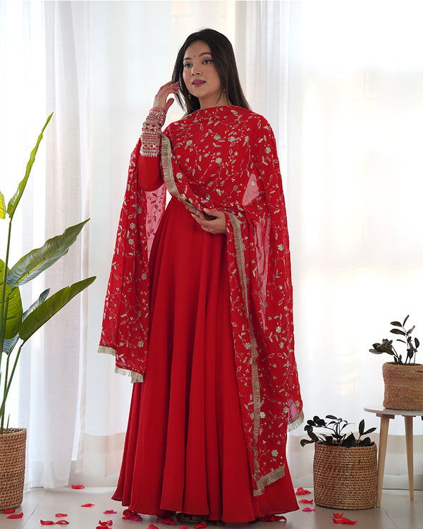 Red Color Soft Georgette Anarkali Gown With Heavy Embroidery Work Dupatta