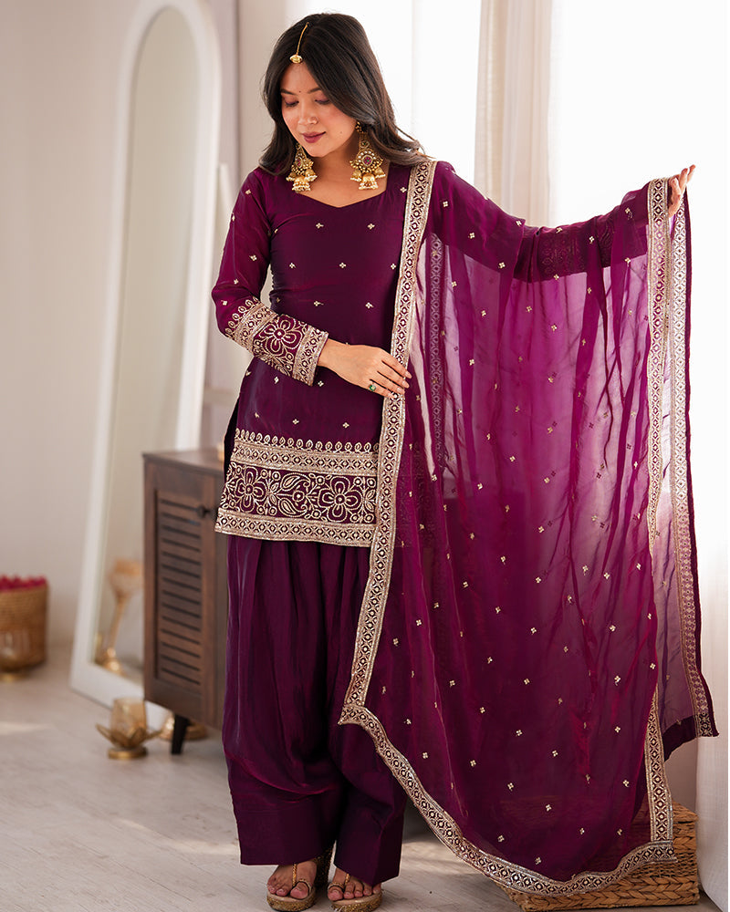 WINE COLOR FENDI SILK EMBROIDERED FARSHI SALWAR SUIT