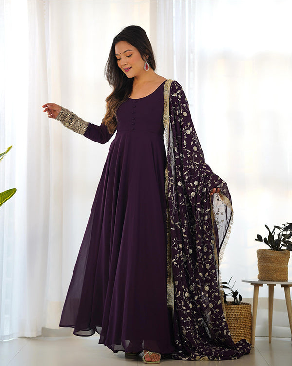 Wine Color Soft Georgette With Heavy Embroidery Work Dupatta Anarkali Suit
