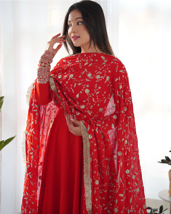 Red Color Soft Georgette Anarkali Gown With Heavy Embroidery Work Dupatta