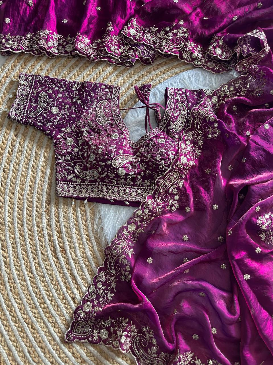 Magenta Pure Soft Fandy Satin Silk Saree with Sequence Embroidery & Paisley Multi Border Aarco Work