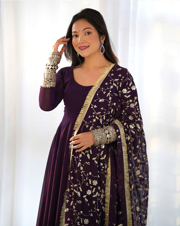 Wine Color Soft Georgette With Heavy Embroidery Work Dupatta Anarkali Suit
