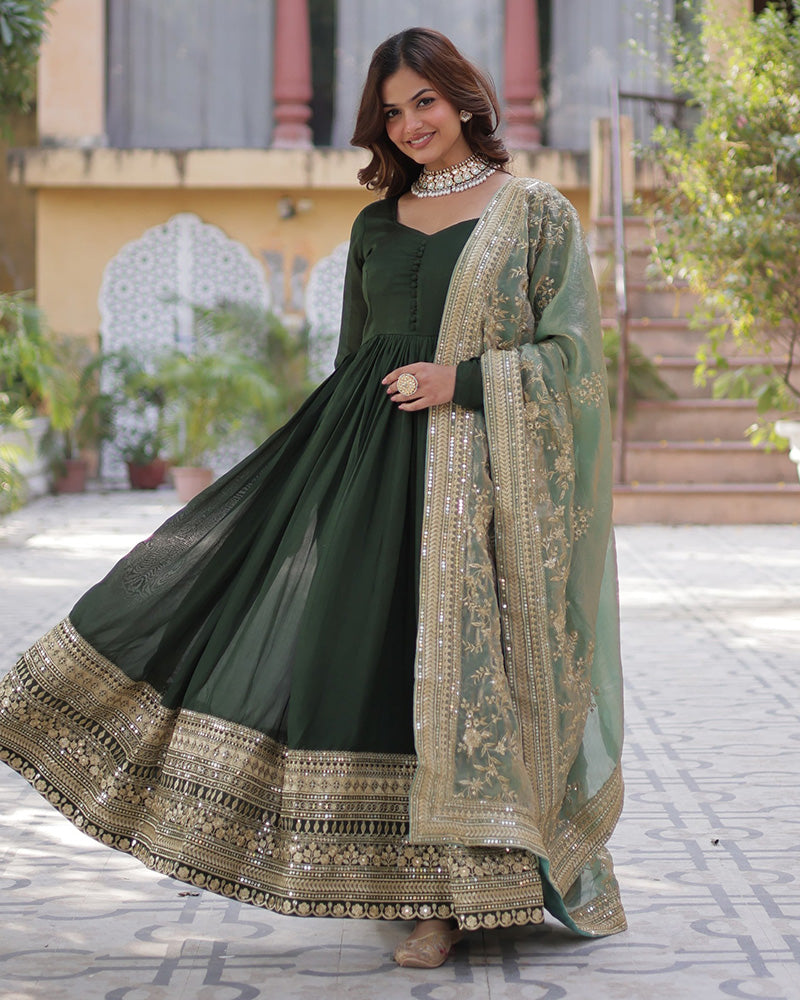Beautiful mehndi color shimmer gown with embroidered dupatta