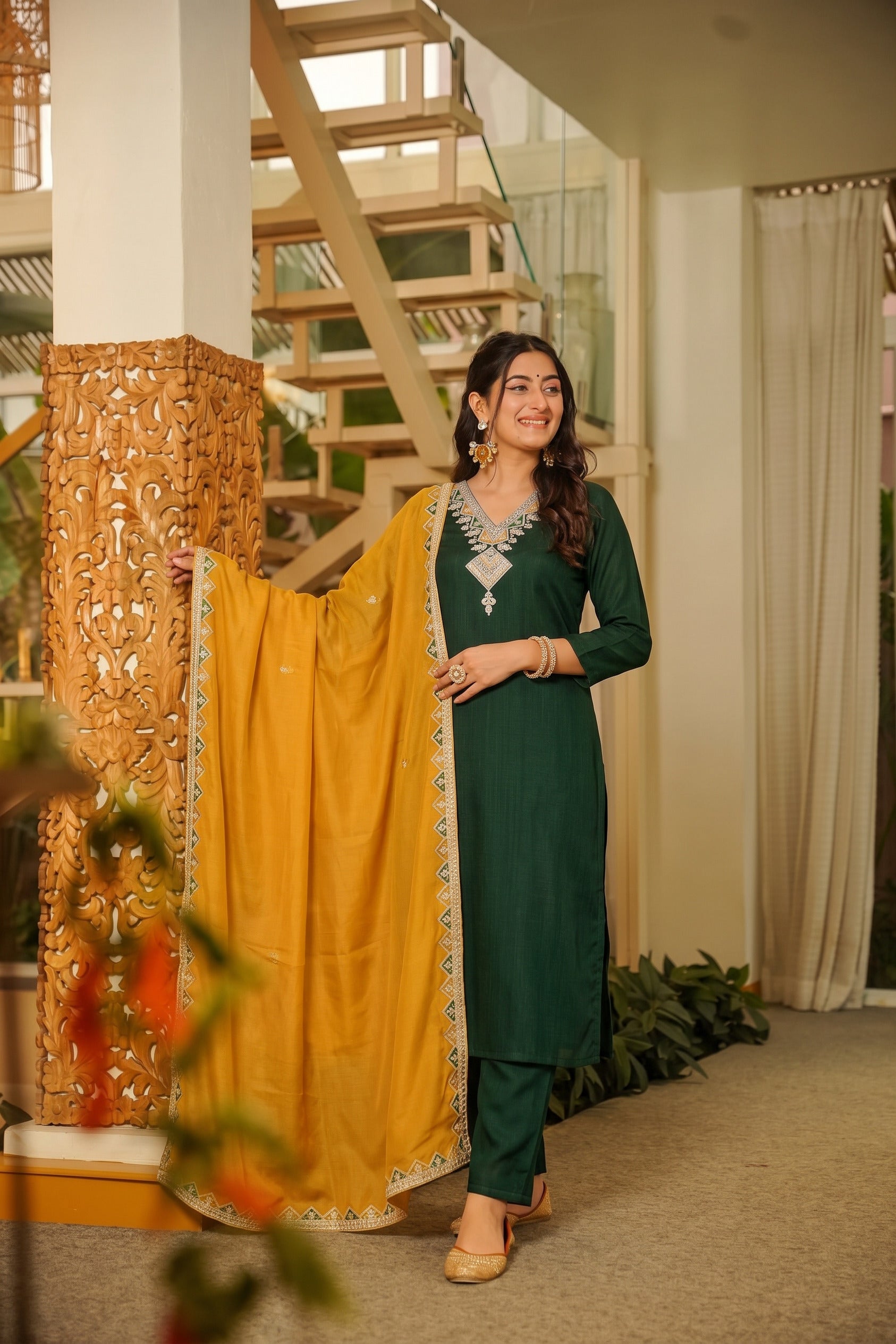 Bottle Green V-Neck Kurta Set with Mustard Embroidered Dupatta