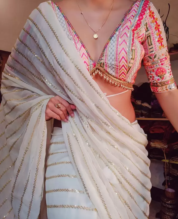 White georgette thread sequence work saree with heavy designer blouse