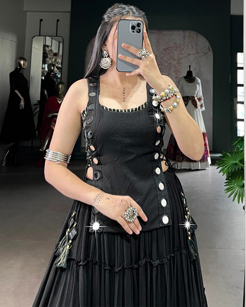 TRADITIONAL BLACK COLOR PURE MARBEL NAVRATRI LEHENGA CHOLI
