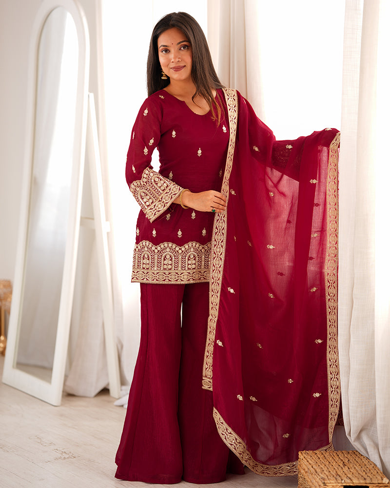 MAROON COLOR CRUNCHY SILK EMBROIDERED PLAZZO SUIT