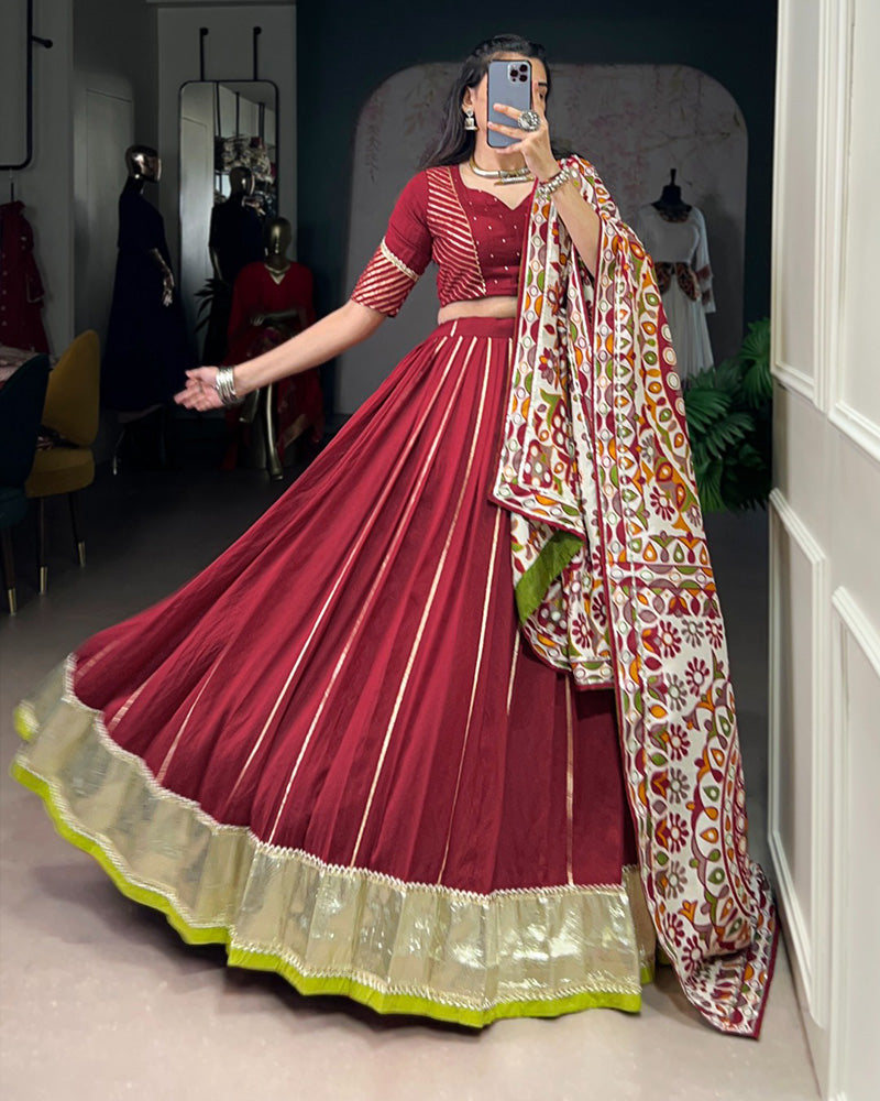 TRADITIONAL MAROON COLOR CHANDERI NAVRATRI LEHENGA CHOLI