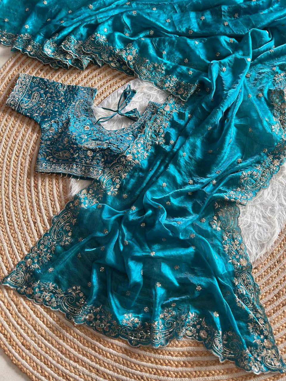 Turquoise Pure Soft Fandy Satin Silk Saree with Sequence Embroidery & Paisley Multi Border Aarco Work