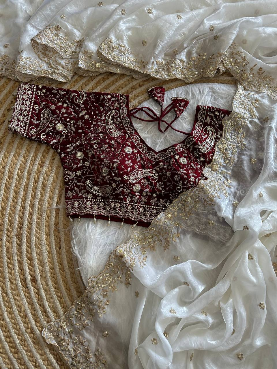 White Pure Soft Fandy Satin Silk Saree with Sequence Embroidery & Paisley Multi Border Aarco Work