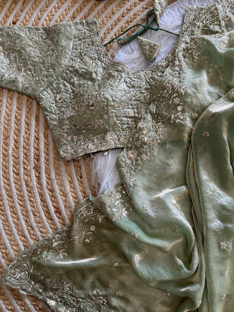 Sage Green Pure Soft Fandy Satin Silk Saree with Sequence Embroidery & Paisley Multi Border Aarco Work