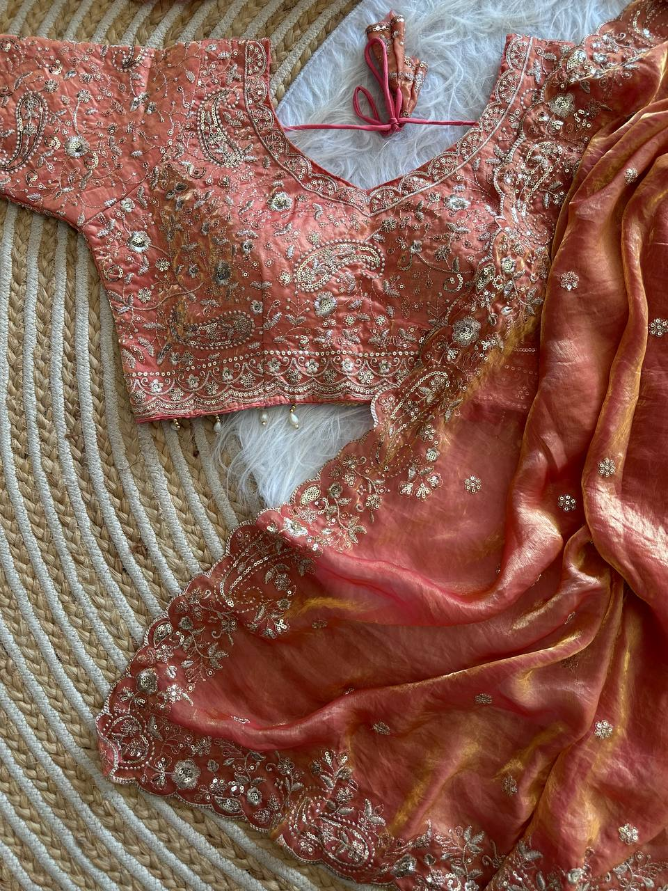 Peach Pure Soft Fandy Satin Silk Saree with Sequence Embroidery & Paisley Multi Border Aarco Work