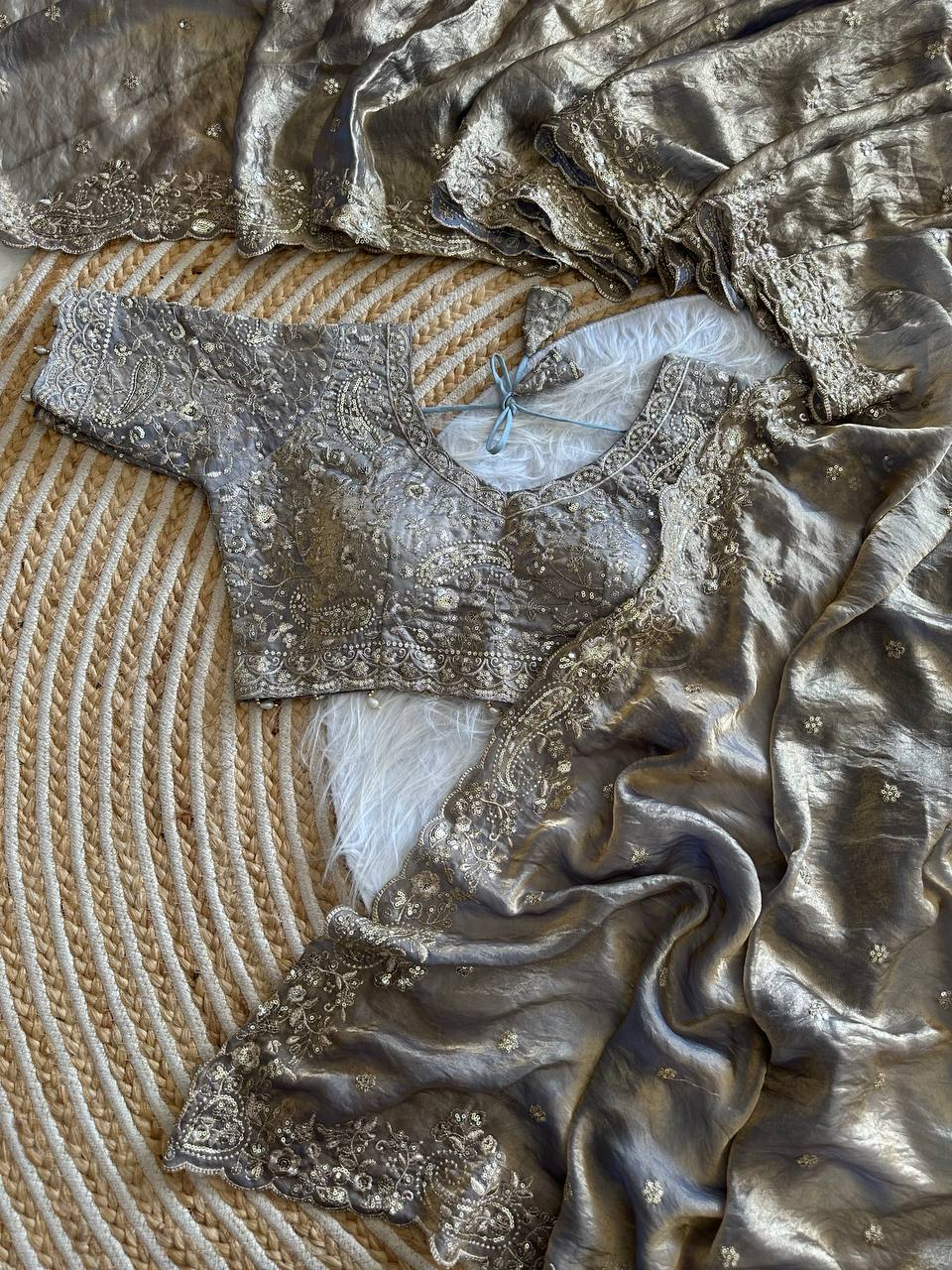 Silver Grey Pure Soft Fandy Satin Silk Saree with Sequence Embroidery & Paisley Multi Border Aarco Work