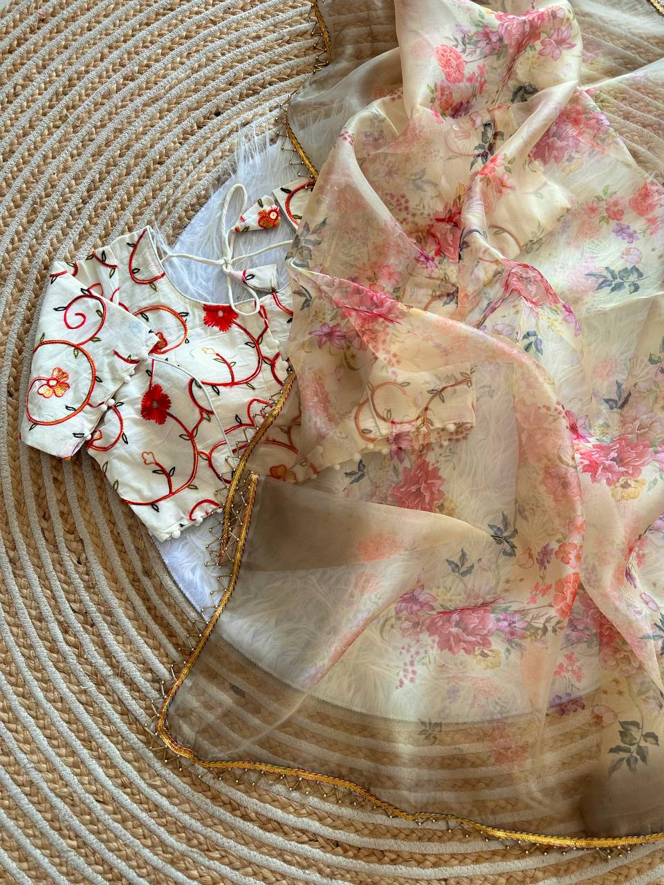 Cream Floral Sanchita Pure Organza Silk Saree with Digital Print & Golden Cutdana Moti Border