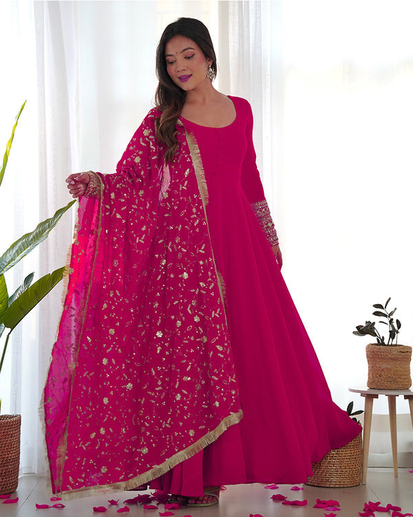 Rani Pink Color Soft Georgette Anarkali Gown With Heavy Embroidery Work Dupatta