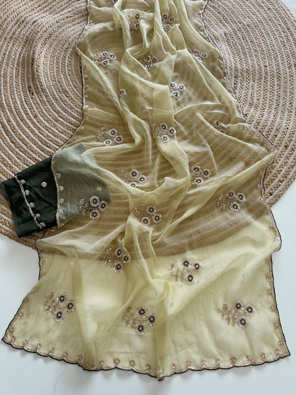 Cream Pure Soft Wari Chiffon Silk Saree with Sequence Cutdana Embroidery & Multi Border Aarco Work