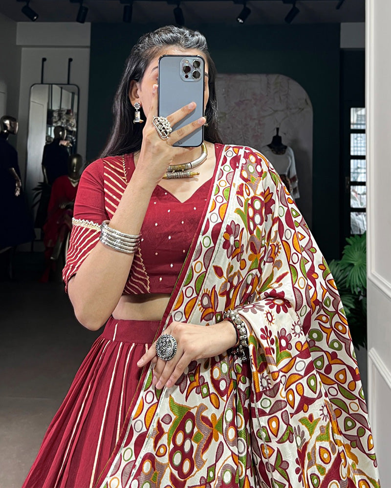 TRADITIONAL MAROON COLOR CHANDERI NAVRATRI LEHENGA CHOLI