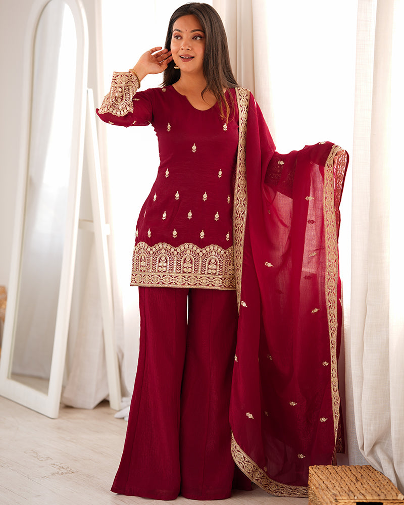 MAROON COLOR CRUNCHY SILK EMBROIDERED PLAZZO SUIT