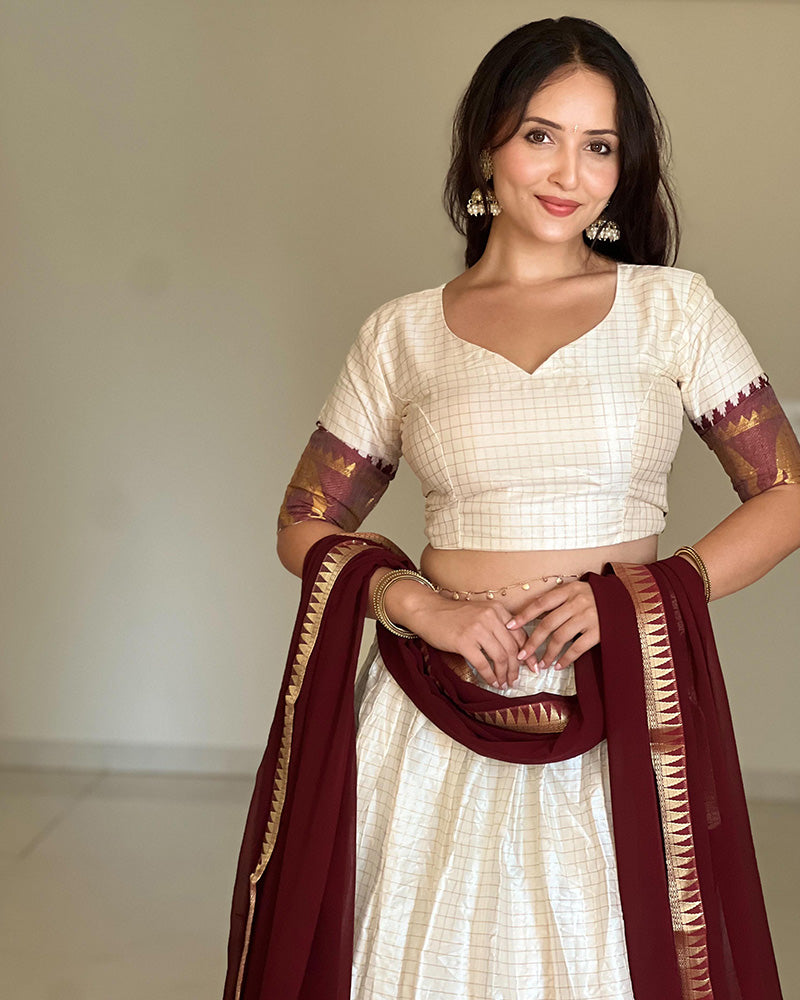 White And Maroon Color Poly Cotton Chex Navratri Lehenga Choli